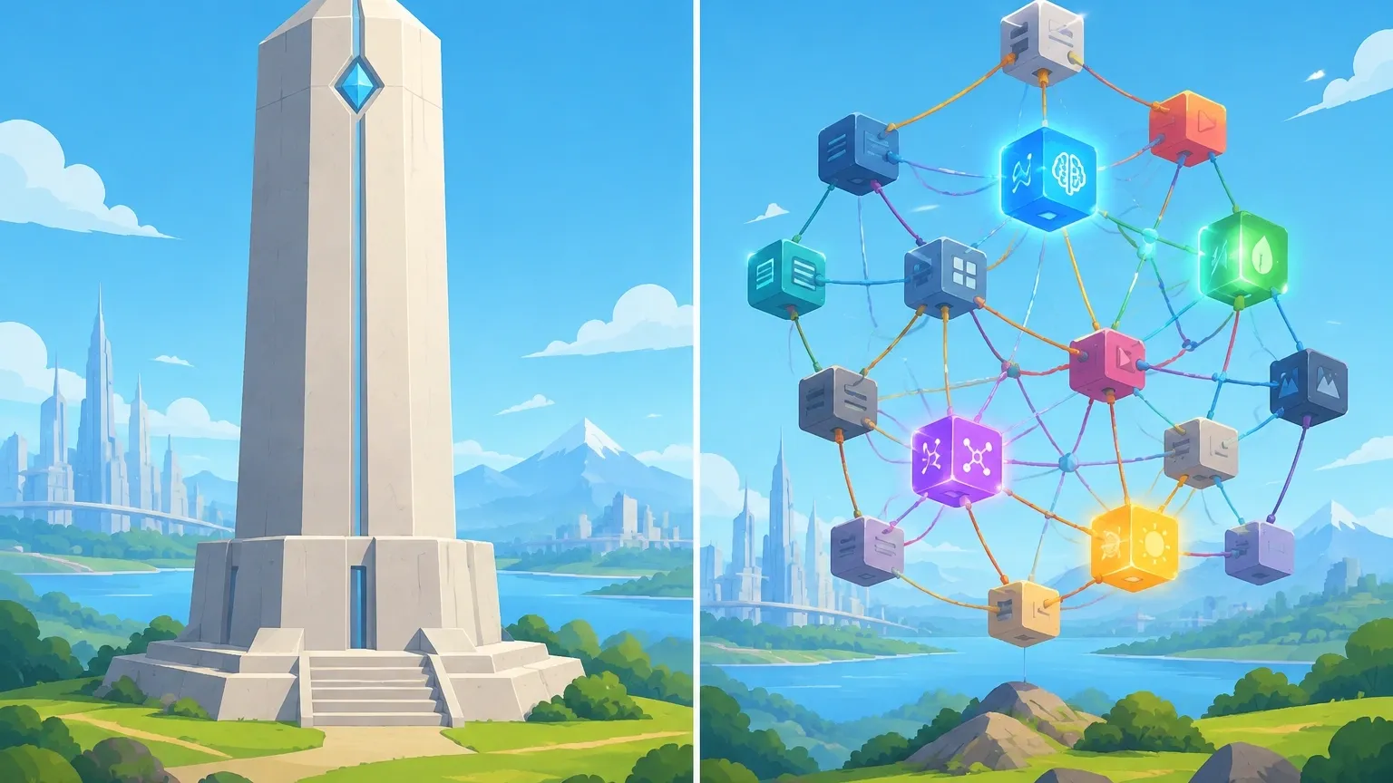 Artistic comparison of a monolithic model vs a modular network for AI architecture