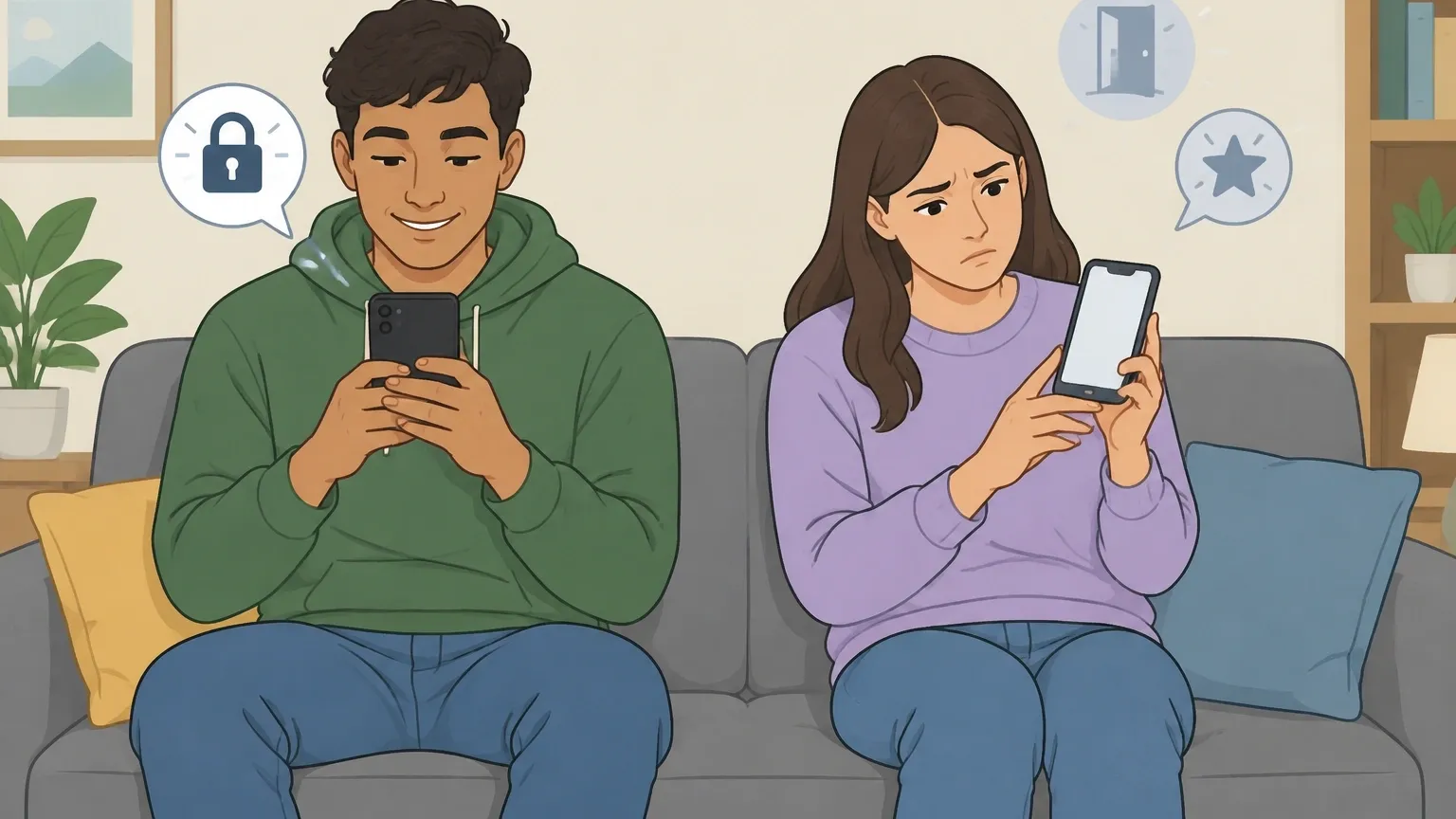 Illustration of a person seeing private chats on their phone while another user's device shows no conversation.
