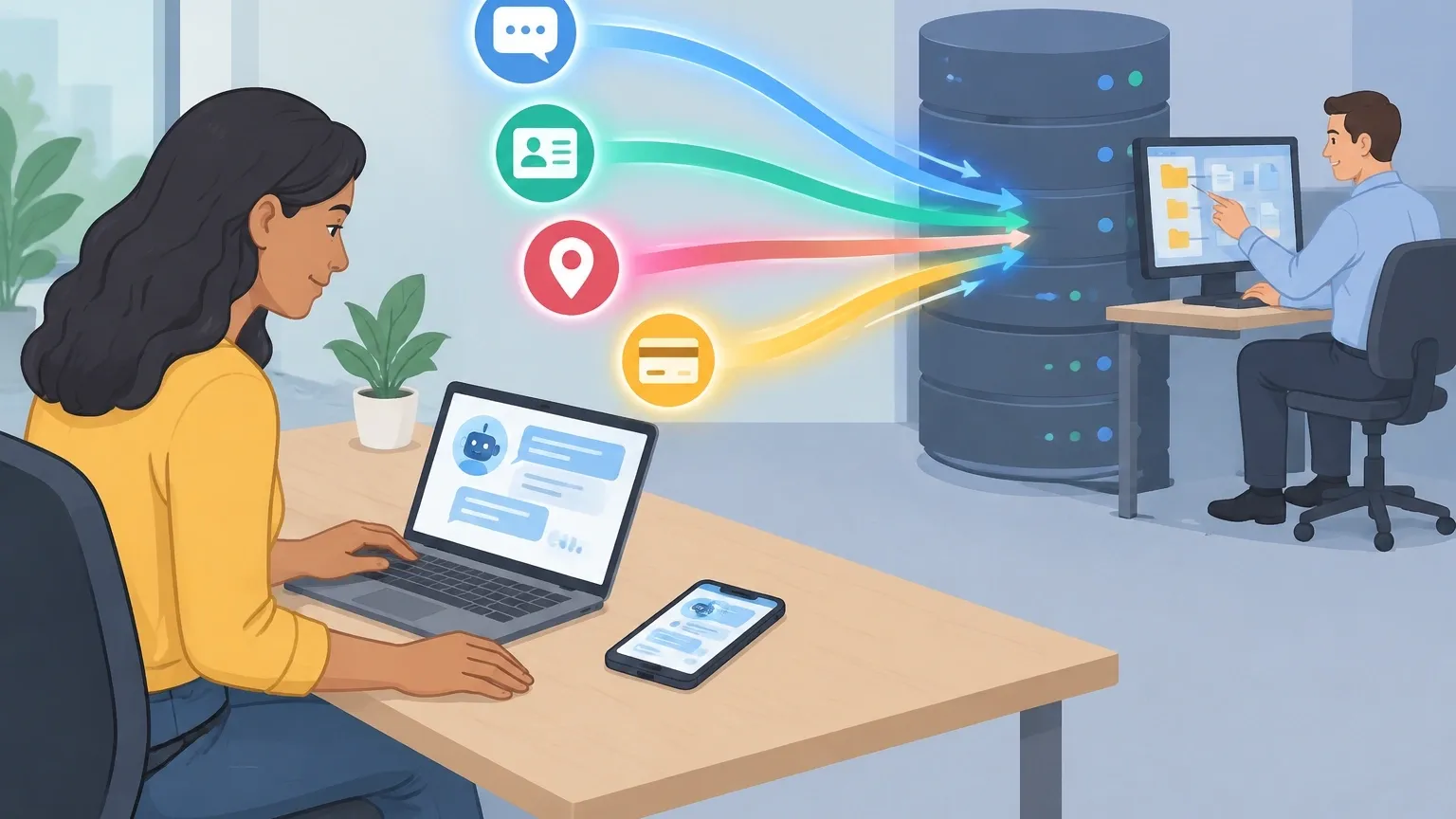 Illustration of chat bubbles, ID card, location pin, and credit card data flowing from a user into a company server.