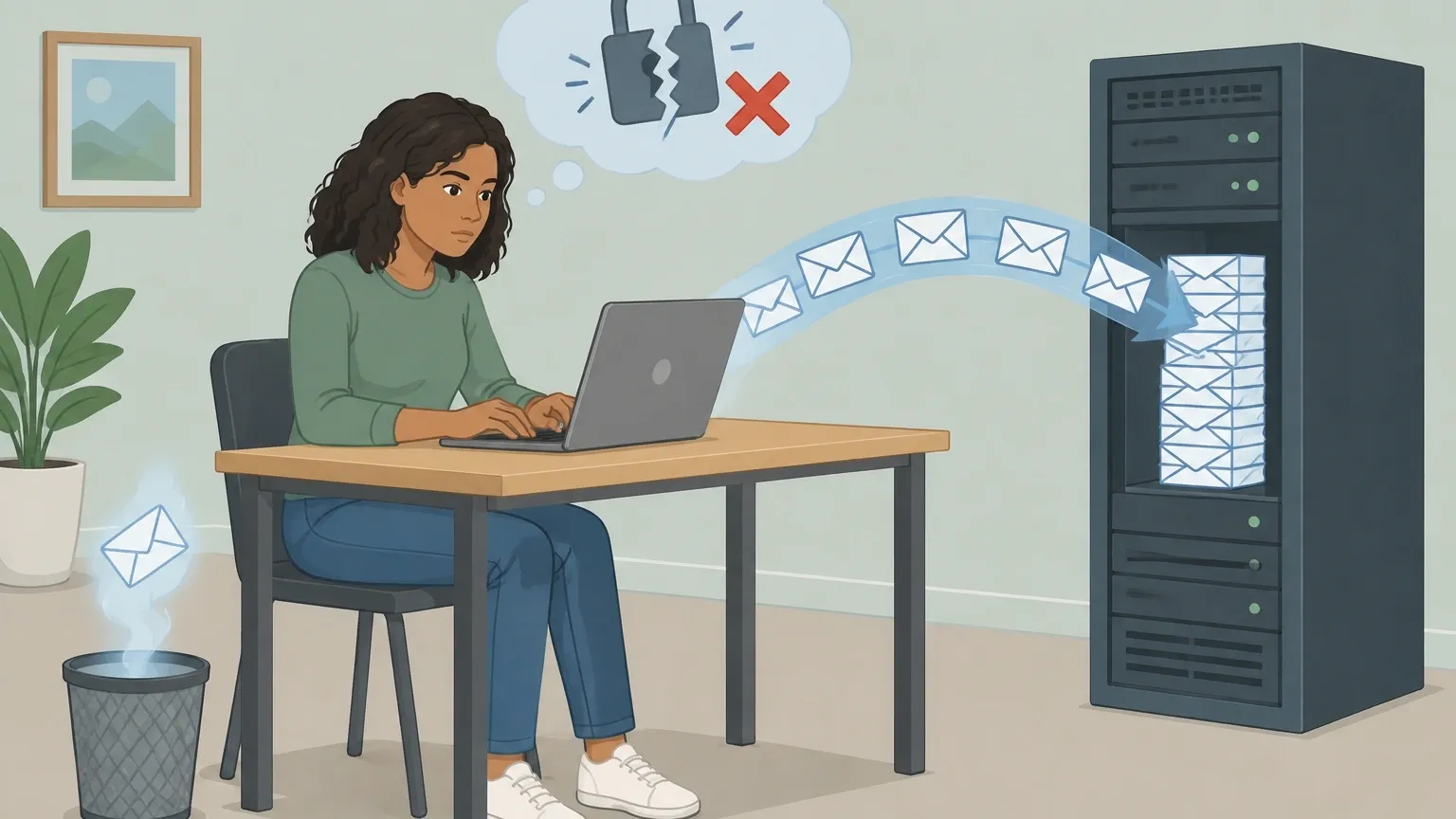 Illustration showing broken padlock, chat messages sent to a server, and deleted messages still lingering.