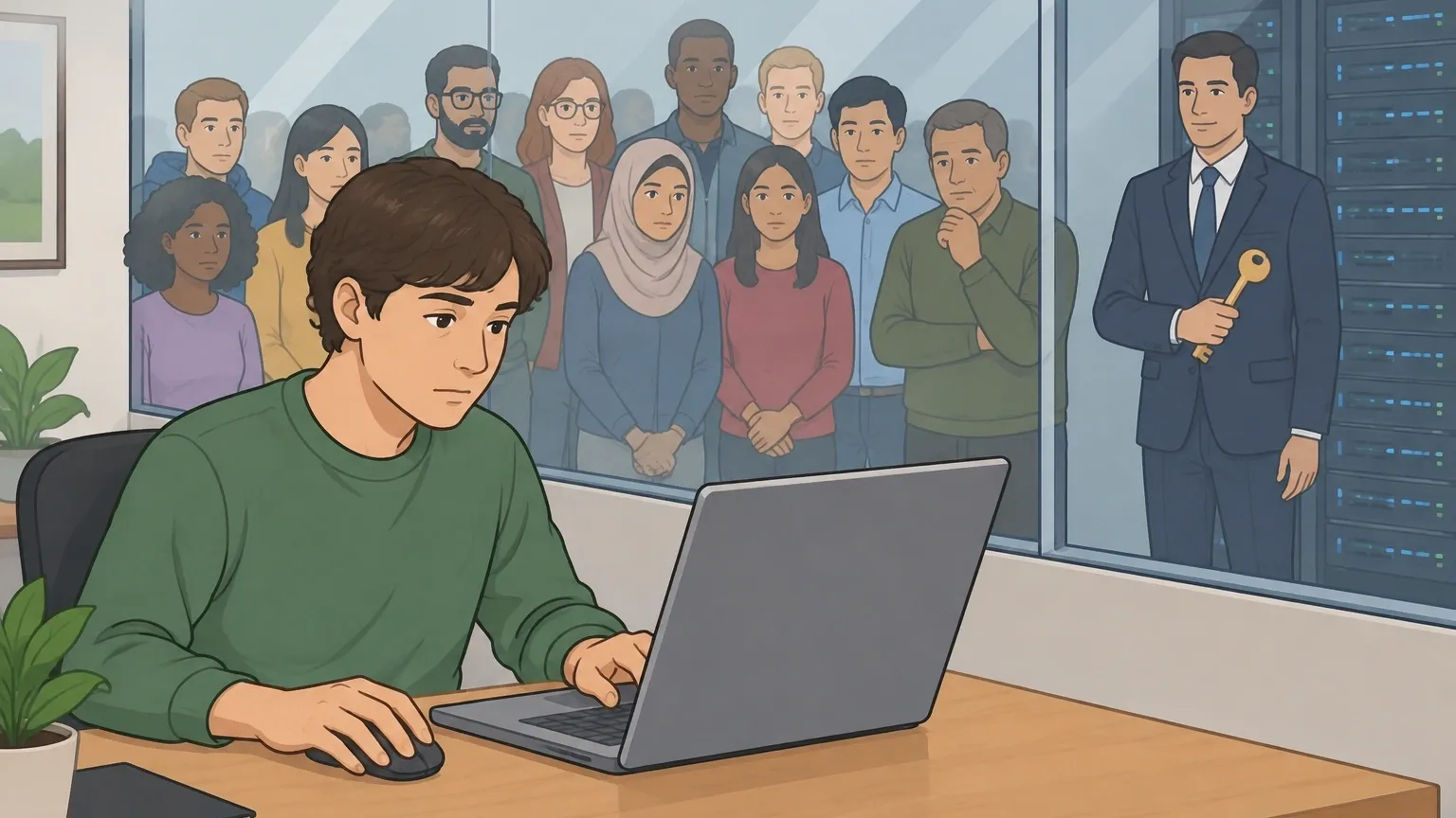 Illustration showing a user's chat hidden from a crowd by glass, but a corporate employee holds a master key.