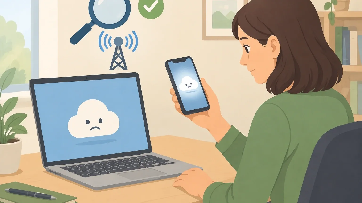 Check Character AI Server Status First Illustration of a person checking if character.ai servers are down by looking at a smartphone while the laptop shows an error icon.