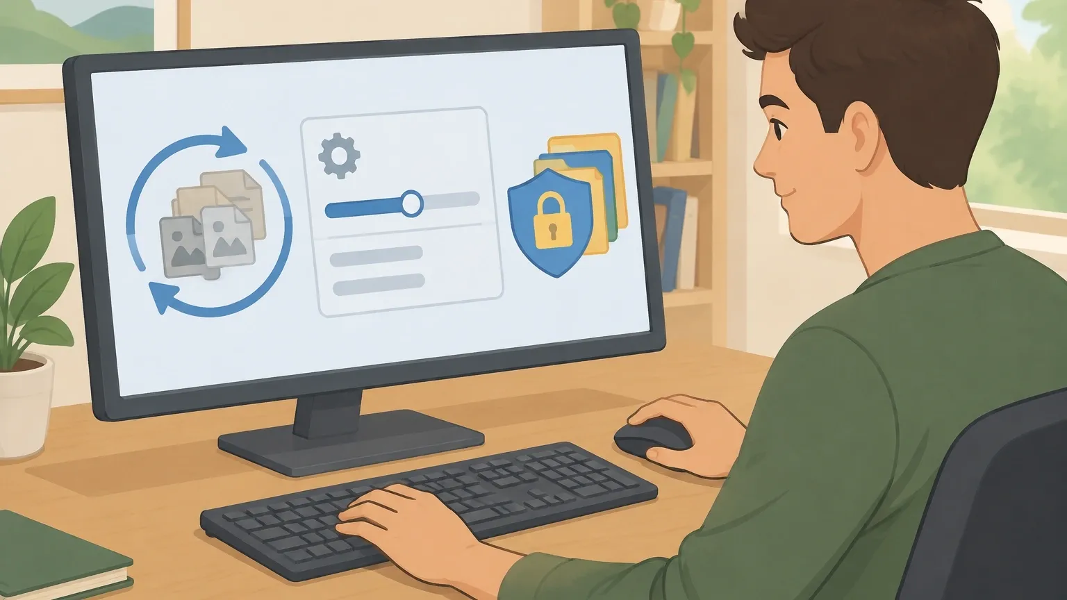 Desktop Cache Clearing Sequence Illustration of desktop browser cache clearing with a padlock and shield showing the login session stays safe.