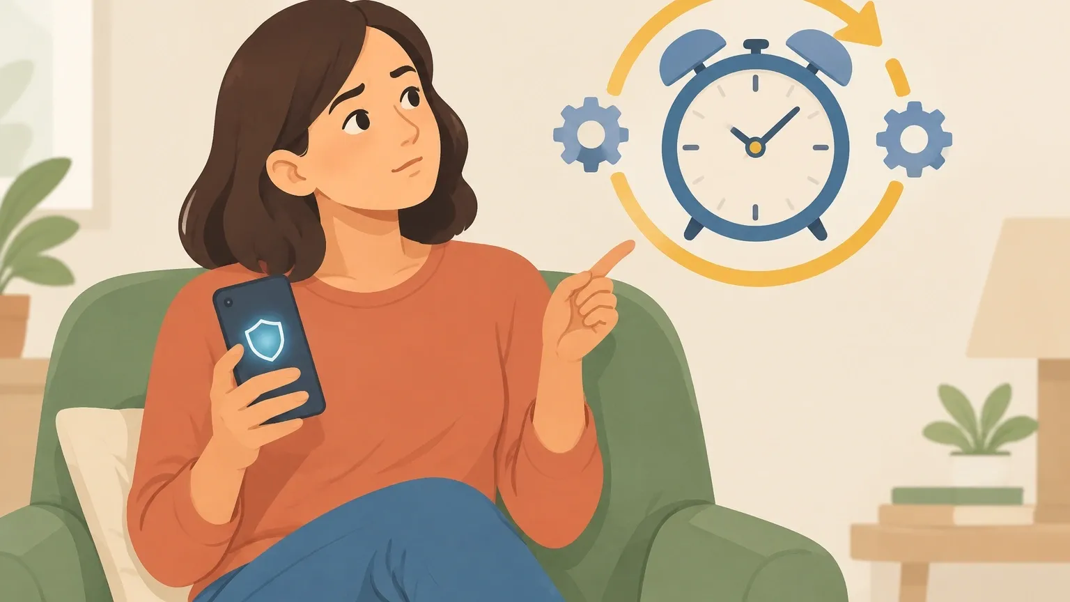 Fix Device Clock Skew for Login Illustration of a person comparing their smartphone to a floating alarm clock to fix a device clock skew login problem.
