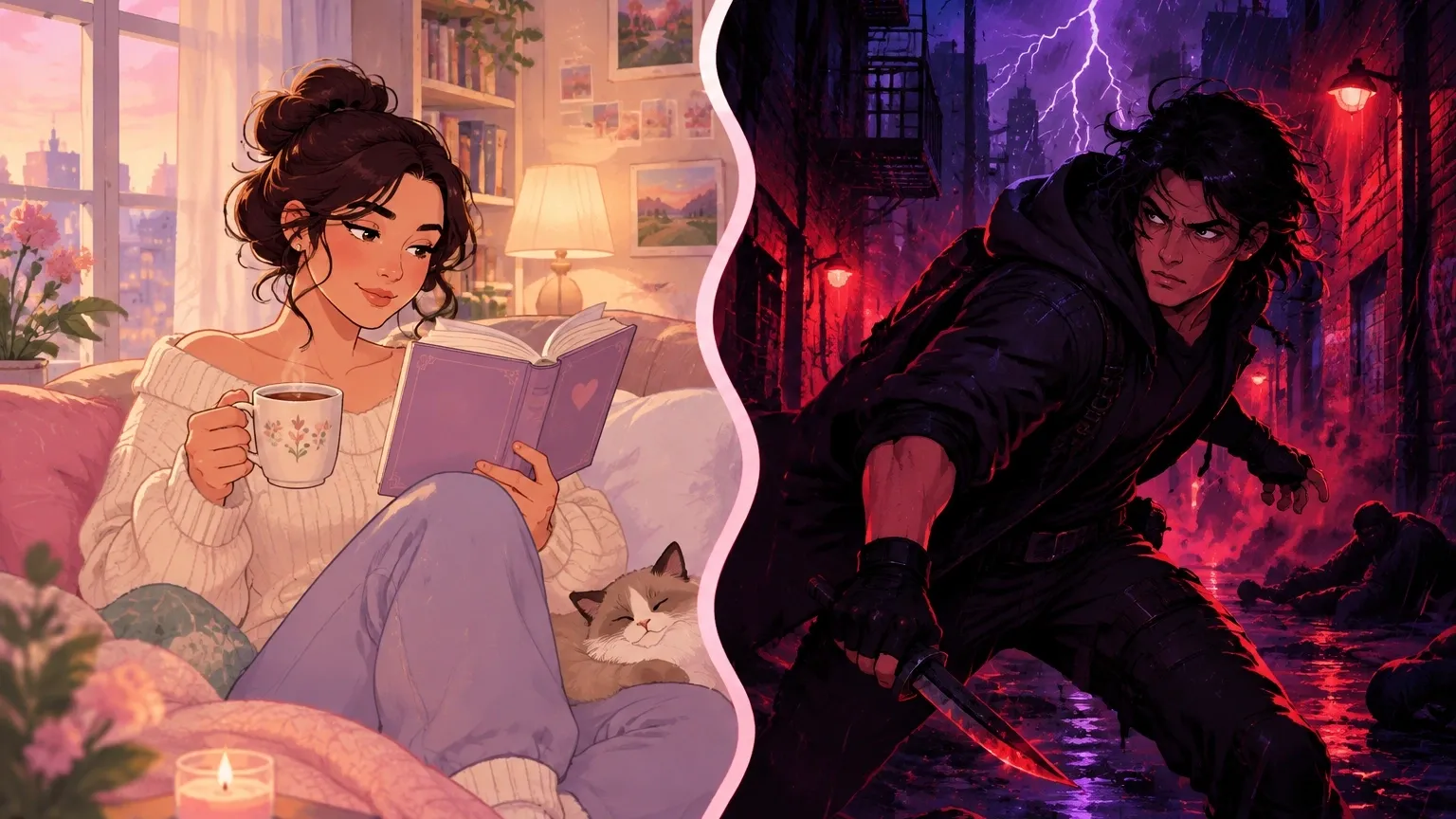 Illustration showing two roleplay styles: calm romance vs intense dark adventure