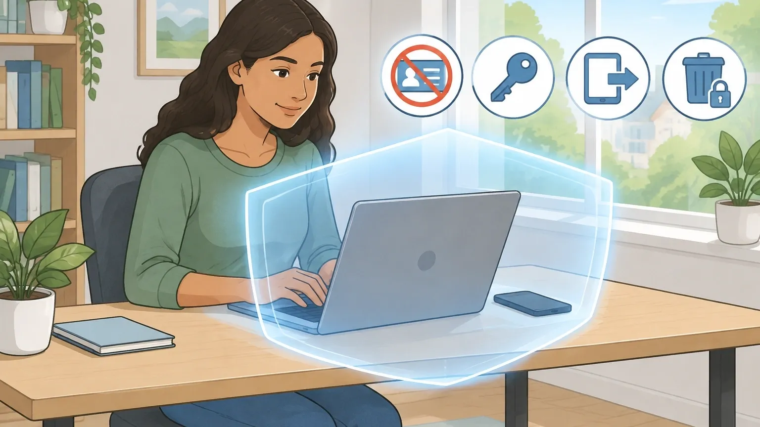 Illustration of a user protected by a shield while using Character.AI safely with icons for password, logout, and account deletion.