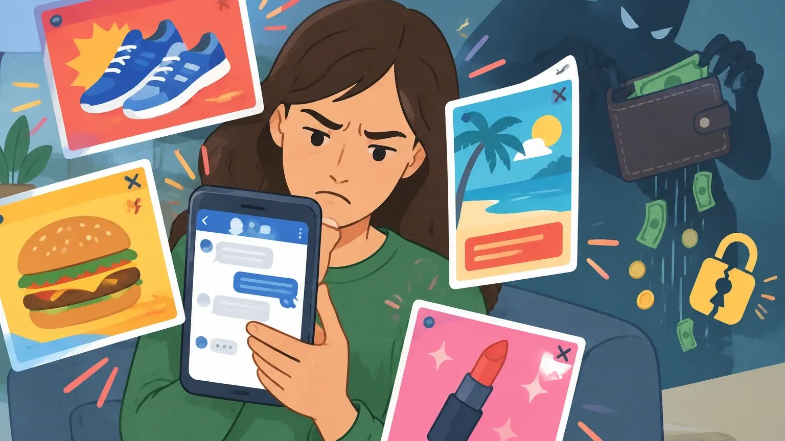 Illustration of ads interrupting a chat while wallet and privacy are compromised