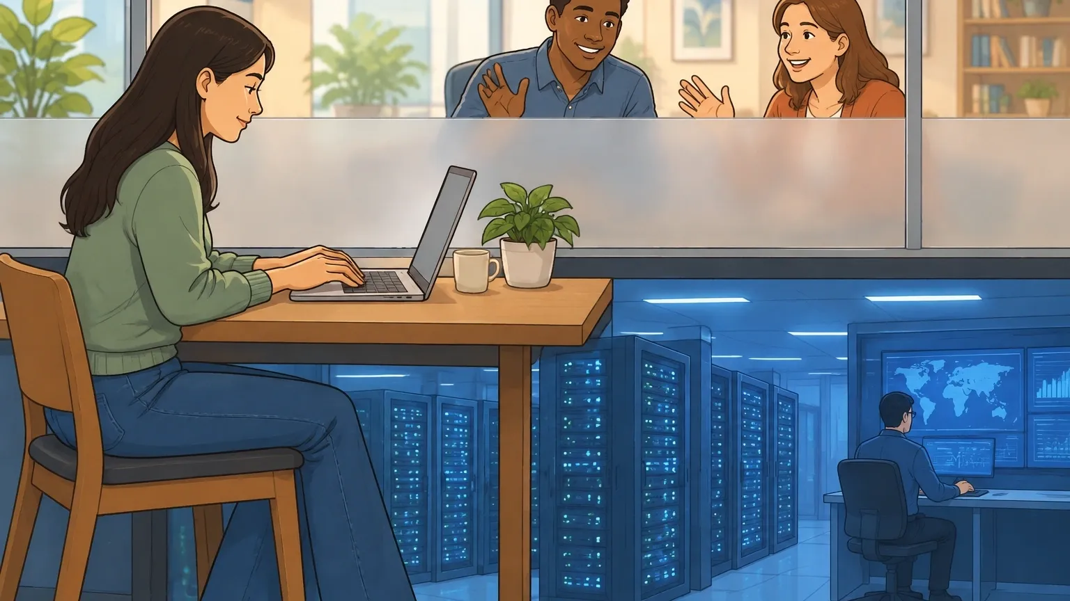 Illustration showing two layers of privacy on Character.AI: other users blocked by glass while company servers monitor behind.