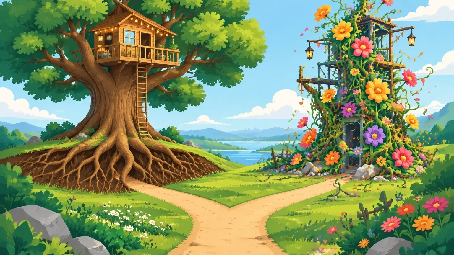 Artistic comparison of a stable oak tree vs a vibrant vine for platform futures