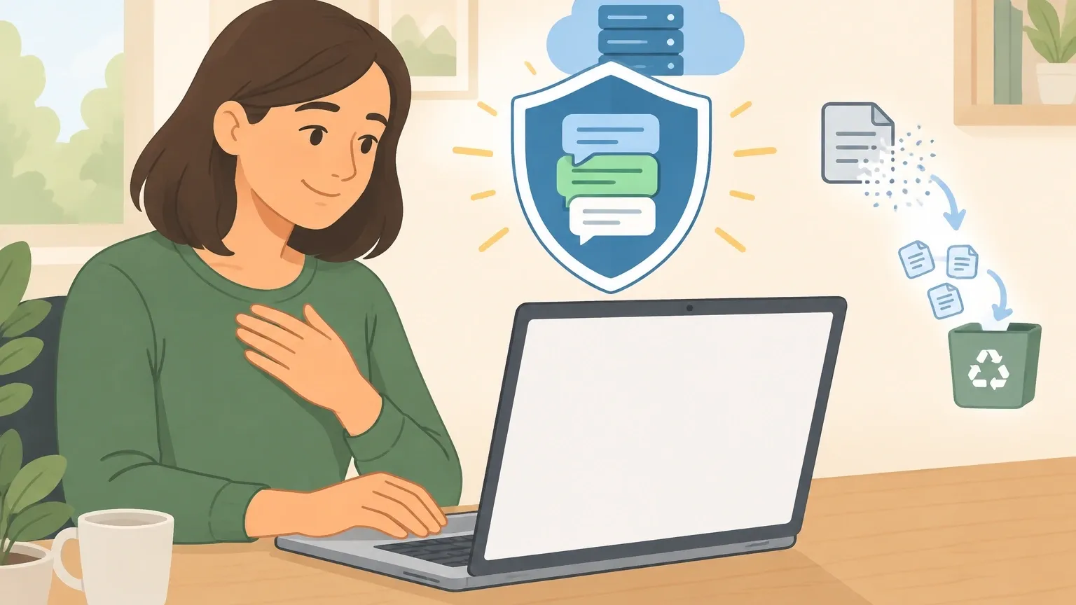 Character AI Chat History Stays Safe Illustration showing a shield protecting chat history in the cloud while only local drafts go to a recycling bin when clearing character.ai data.