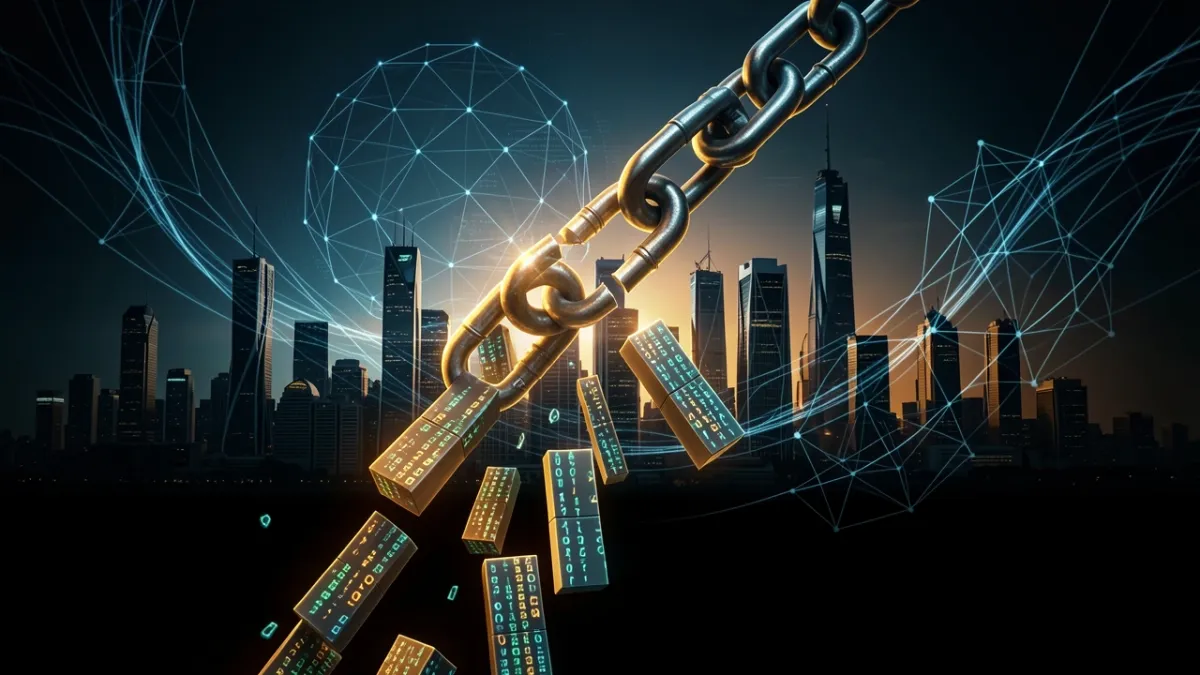 Broken chain link with falling digital code fragments representing OpenAI terminating Cursor contract after SpaceX acquisition.
