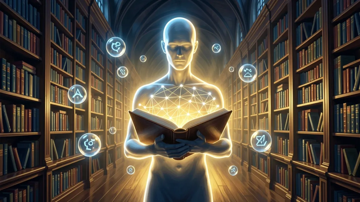 Conceptual digital painting of a luminous silhouette in a futuristic library holding a glowing book with data nodes, representing conversational search engine understanding.
