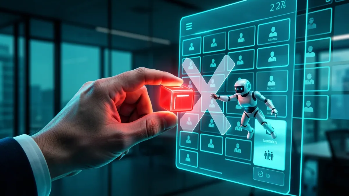 Hand blocking a robot icon from entering a holographic calendar, symbolizing removing Read.ai from Teams meetings.