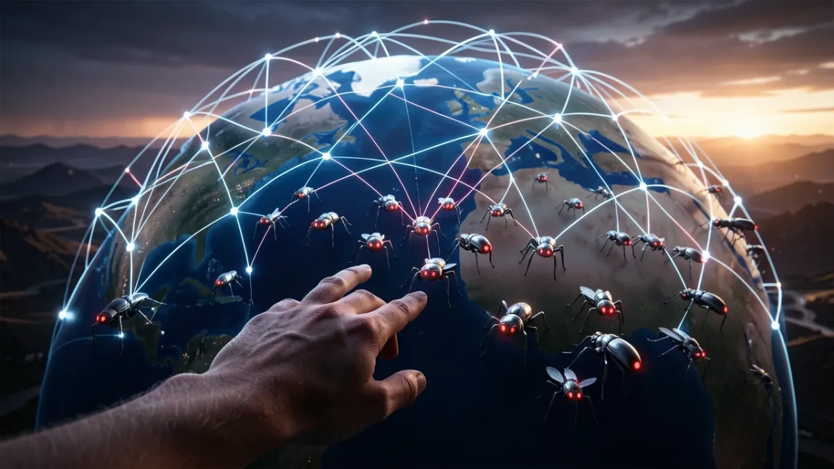 Human hand facing a coordinated swarm of AI agents attacking a global digital network