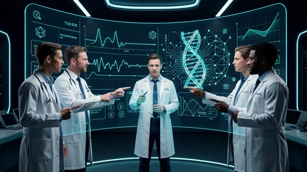 AI clinical data review platform with medical professionals analyzing holographic trial data streams