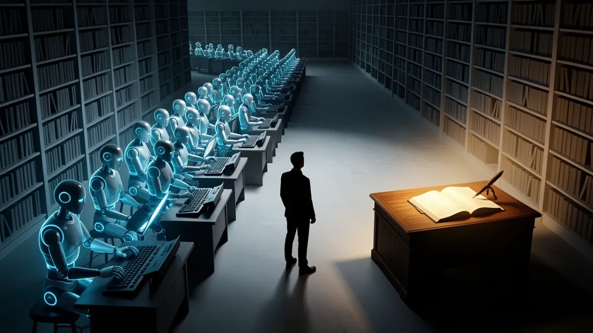 Human figure at a crossroads between identical AI content generators and a single desk with notebook and pen