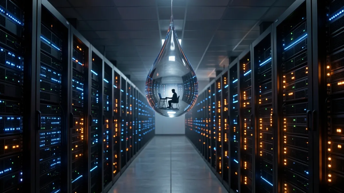 A large water droplet hangs inside a glowing data center, reflecting a person typing, symbolizing the hidden water cost of AI.
