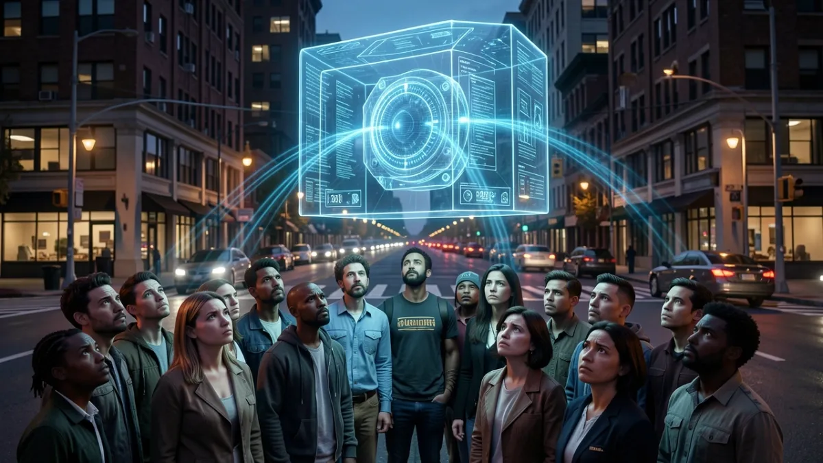 Citizens looking up at a massive holographic AI surveillance node over a city street at dusk, symbolizing trust issues in public safety AI.