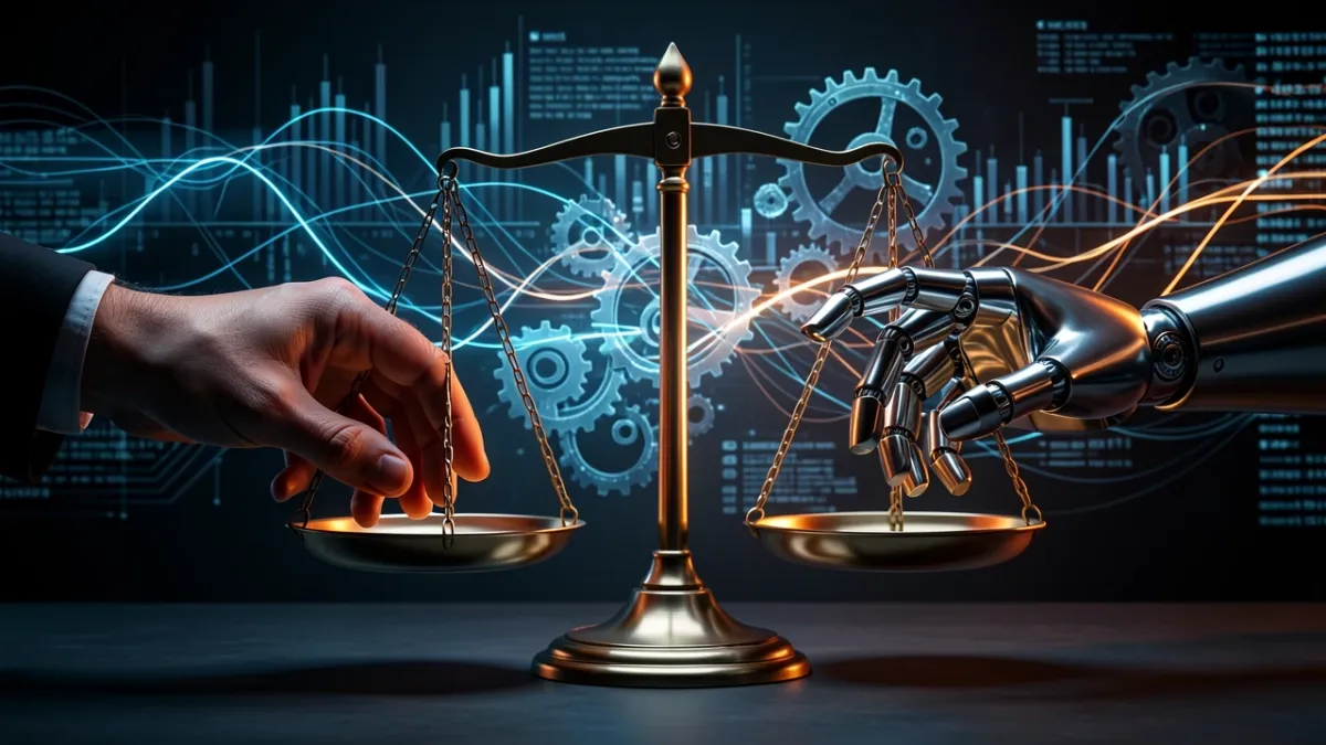 Conceptual image of a scale balancing a human hand and a robotic hand, representing the robot tax debate.
