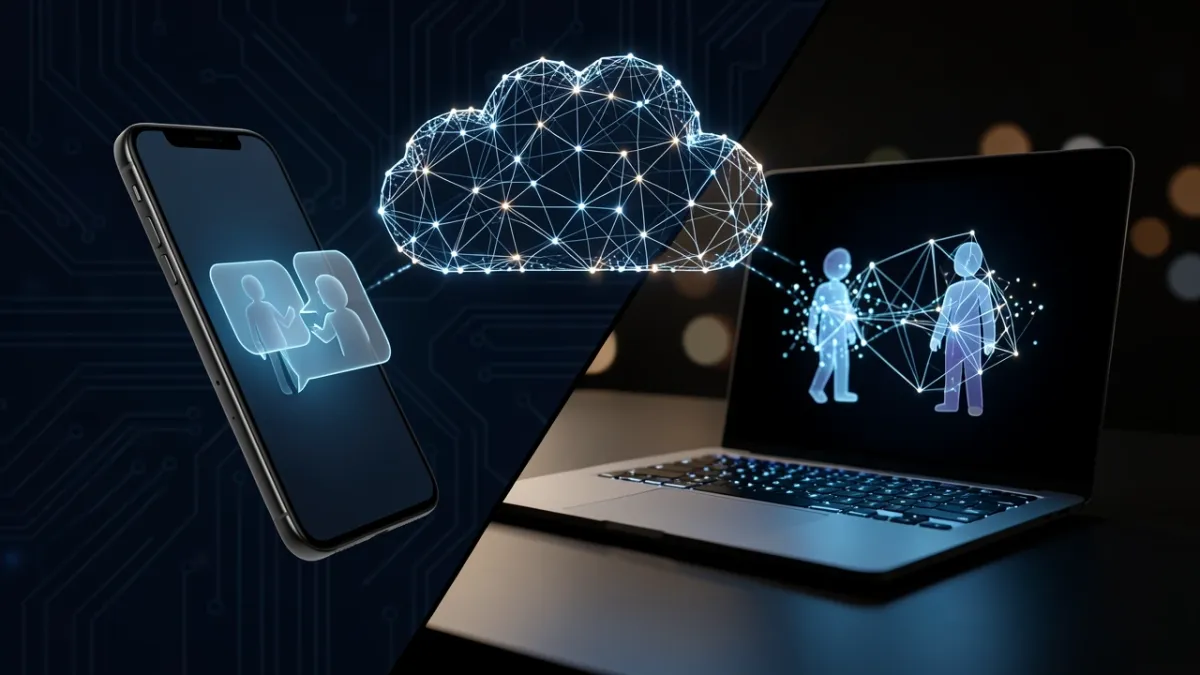 Split-screen concept of smartphone and laptop connected through a glowing cloud, representing Character.AI cross-platform sync.