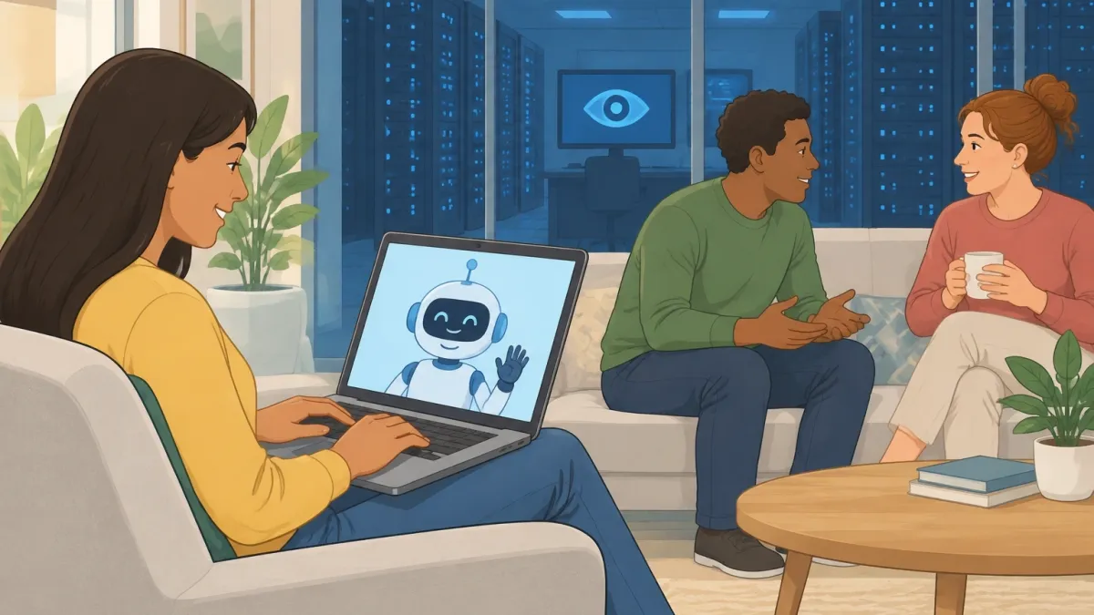 Illustration of a person using Character.AI privately while a server room in the background shows company access.