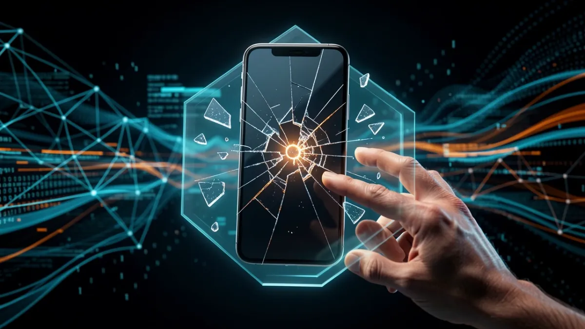 Floating smartphone with fragmented screen behind a digital barrier, symbolizing AI chat errors and network blocks