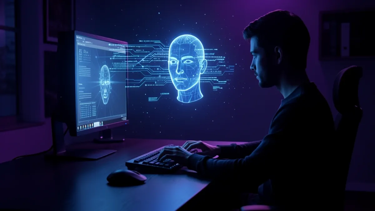 Person interacting with a glowing AI chatbot hologram in a dark room, representing digital conversation and artificial intelligence.