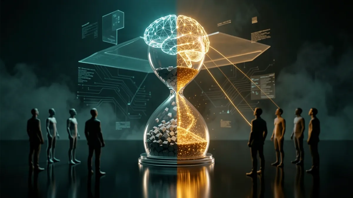 Digital hourglass with glowing gold premium AI brain and gray free-tier particles in dark cinematic split scene