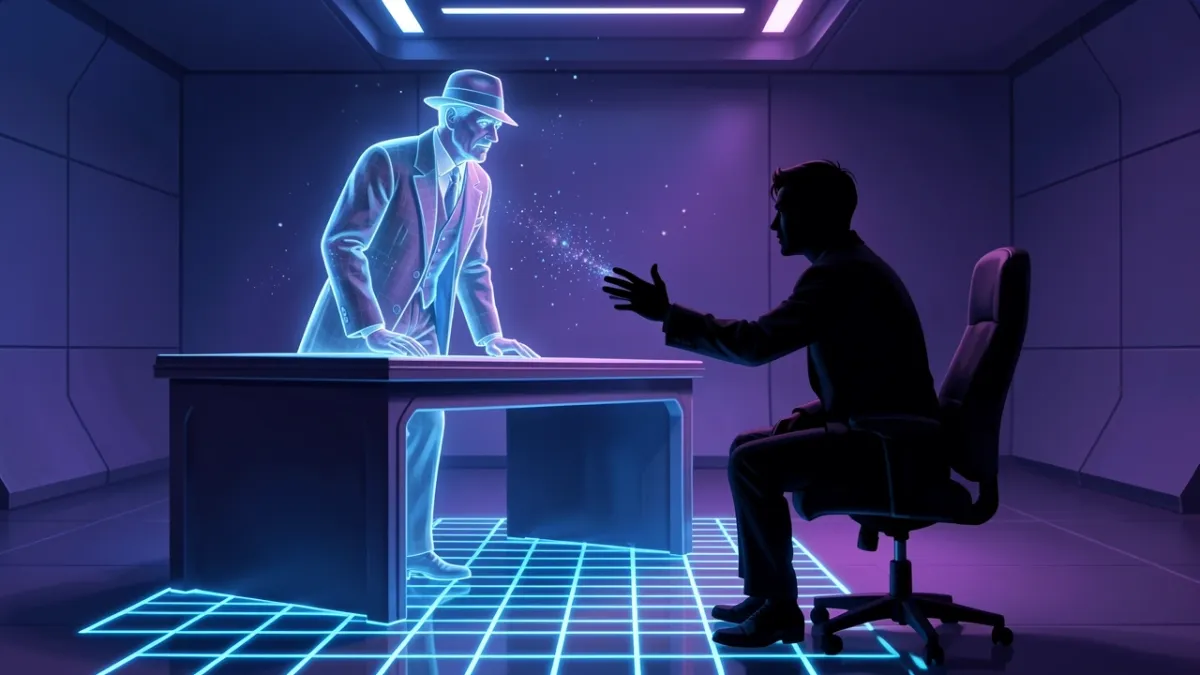 A holographic noir detective character faces a user's silhouette in a futuristic virtual reality chat room, illustrating Character.AI.