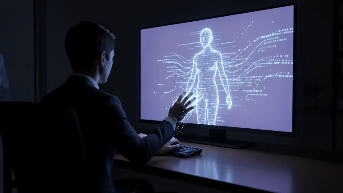 Person reaching to touch a glowing screen with a digital human silhouette, illustrating the illusion of presence in Character.AI.