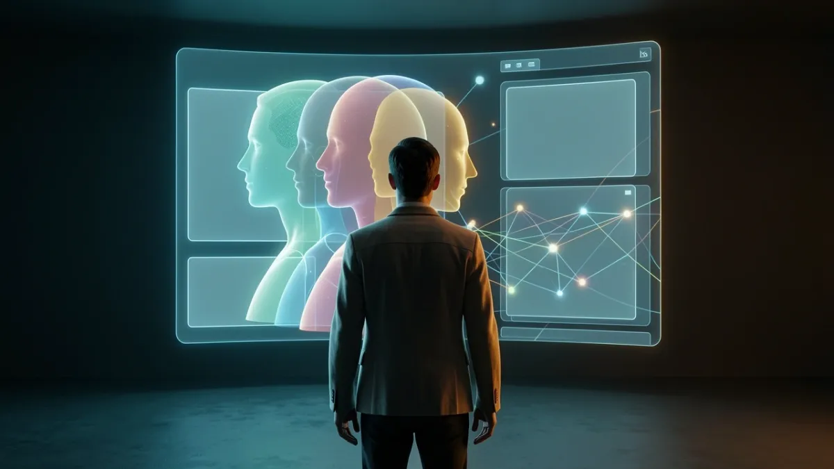 Person viewing holographic multi-layered persona profiles in dark room