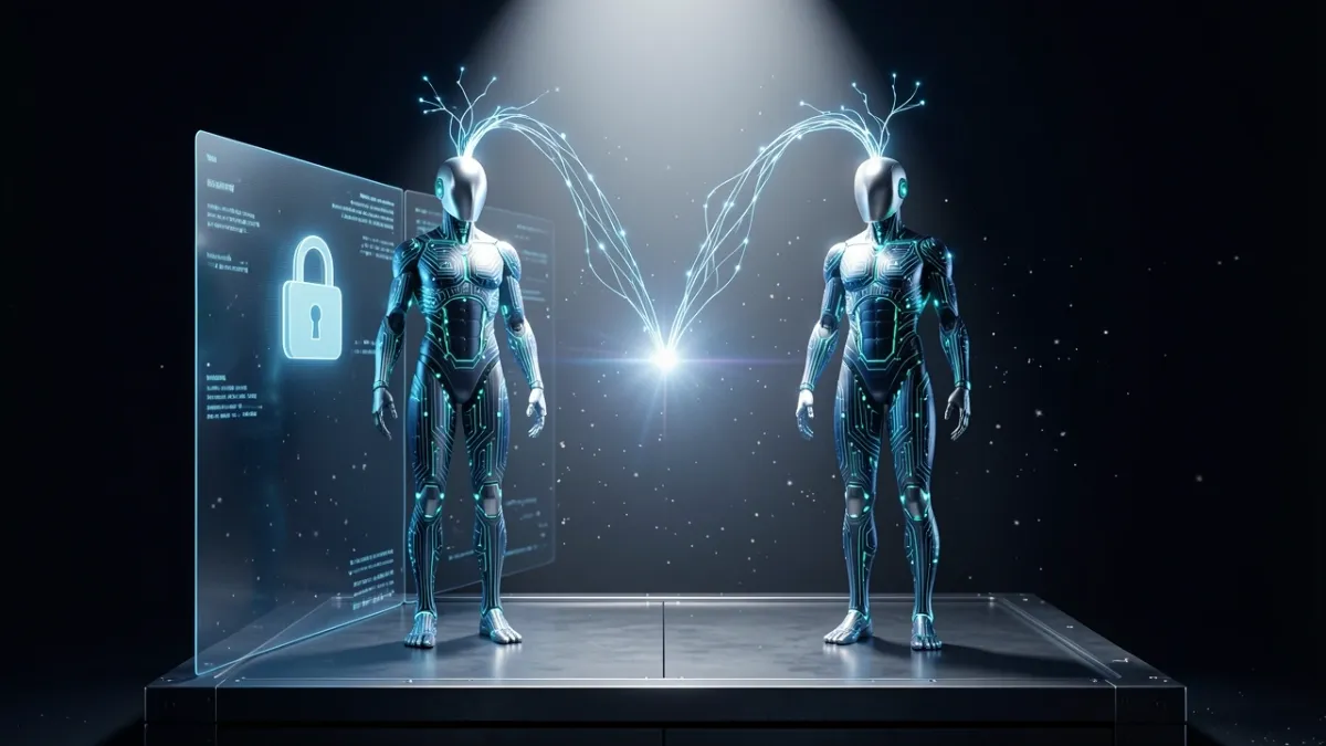 Two identical AI figures, one private behind a lock and one public, sharing the same neural core.