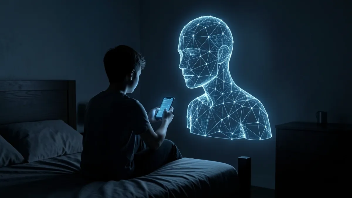 Teenager using smartphone with AI hologram looming at night