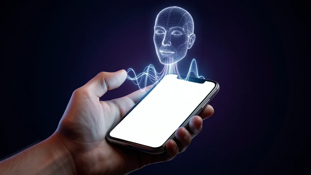 Smartphone with AI voice conversation and holographic audio waves in cinematic 3D render