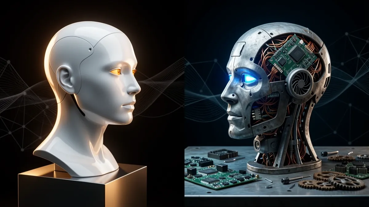 Character AI vs Janitor AI conceptual comparison, polished AI head versus raw mechanical brain in dark editorial illustration.