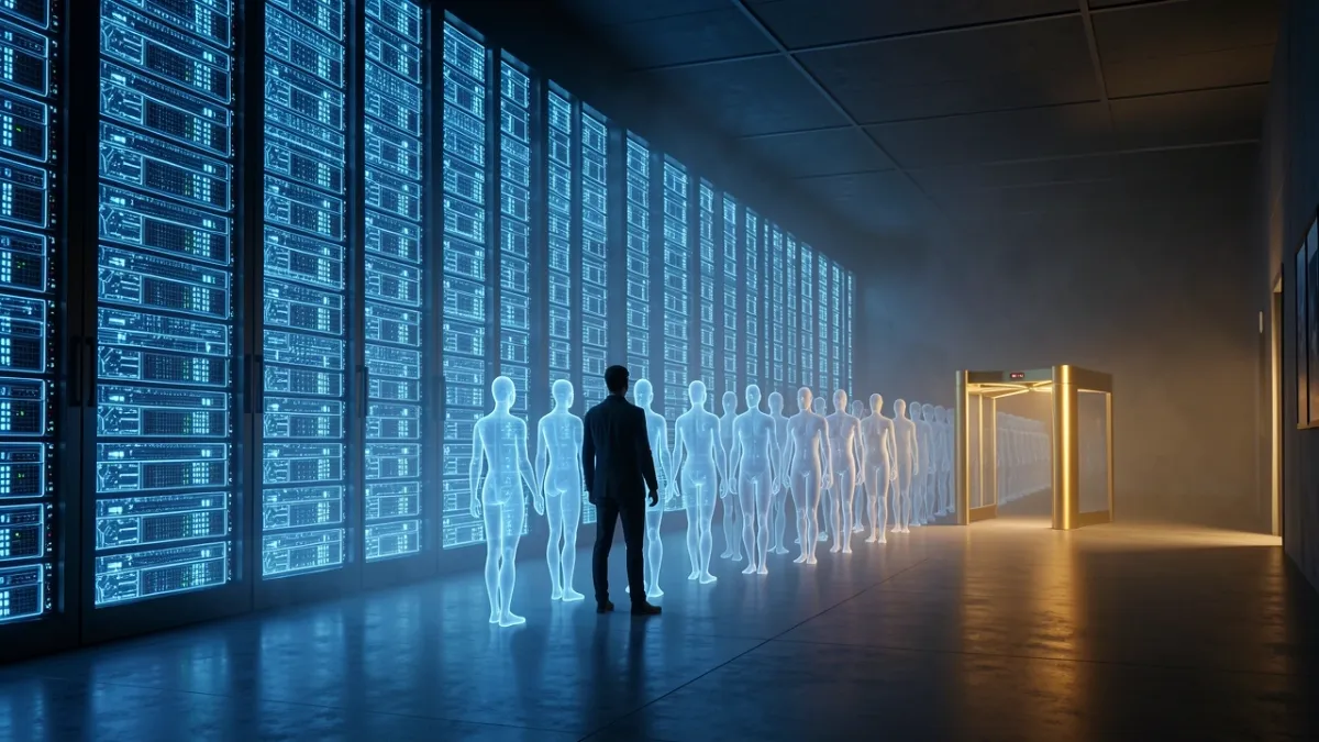 Metaphorical AI waiting room queue with digital avatars and golden priority gate before a Character.AI server gateway