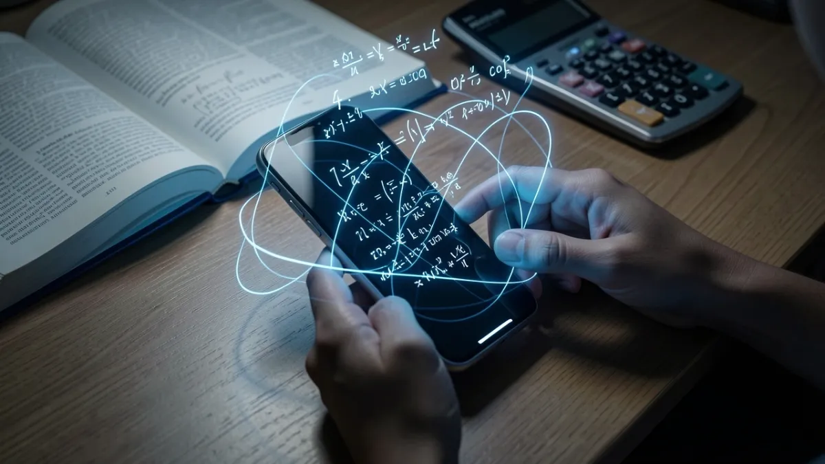 Student using AI homework helper with glowing formulas on phone