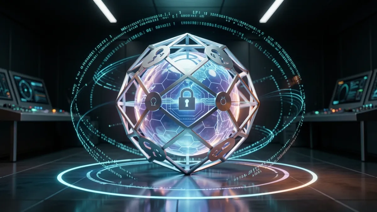 Luminous AI core encased in geometric guardrail framework representing GPT-6 Astra and Microsoft Foundry security