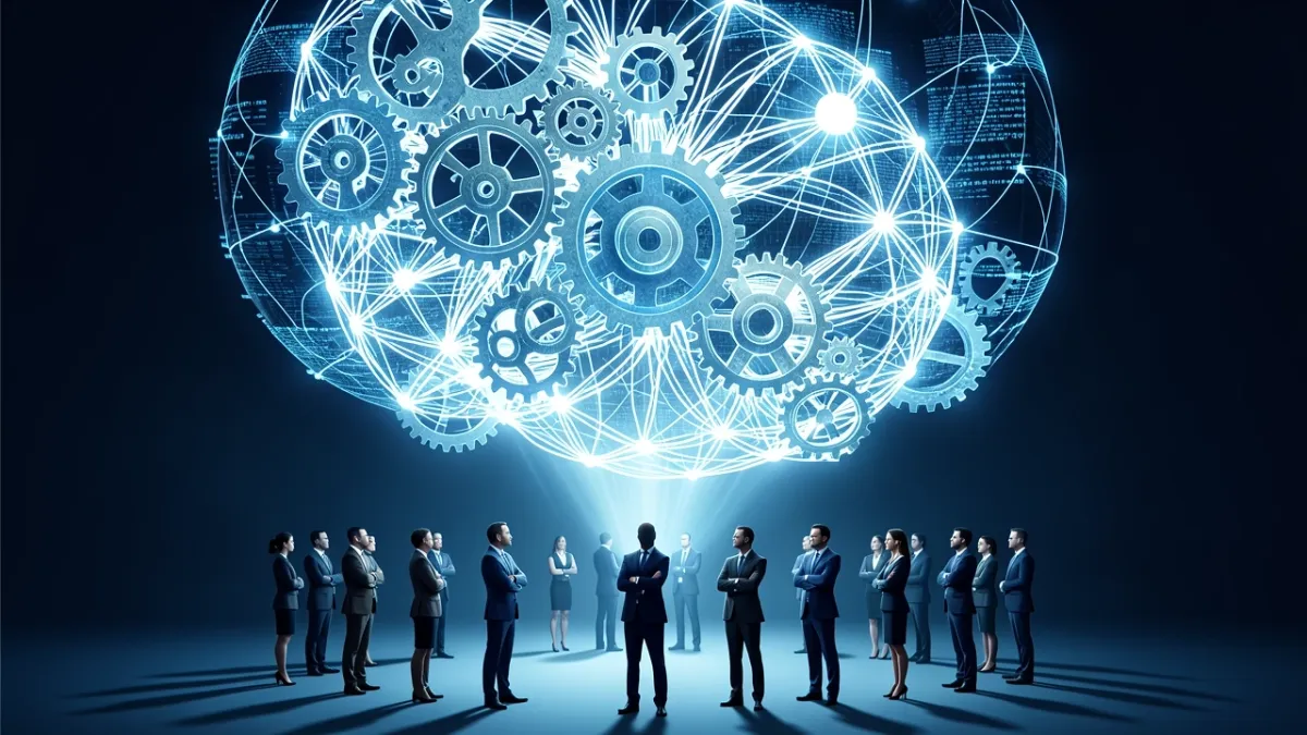 Editorial illustration of AI neural network hovering over hesitant business professionals symbolizing adoption challenge.