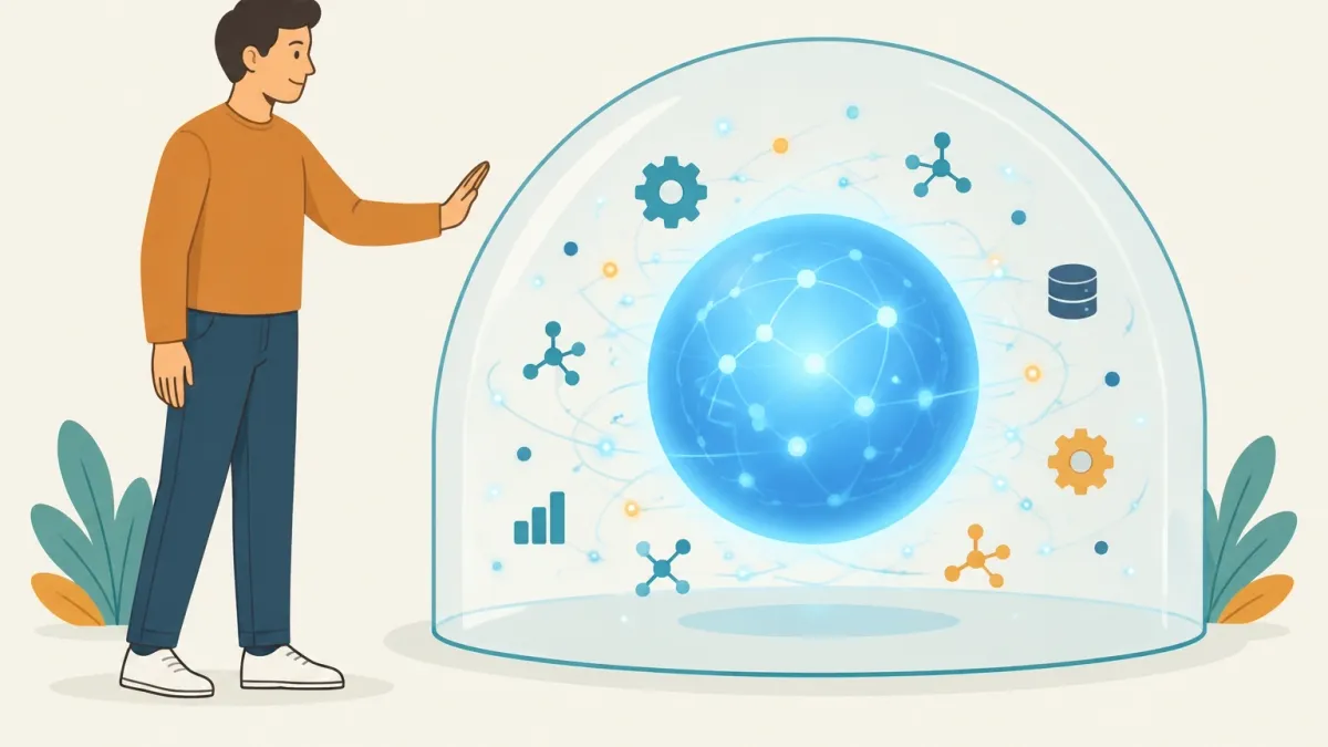 Illustration of a person guiding a glowing AI orb inside a protective boundary, representing humanist superintelligence