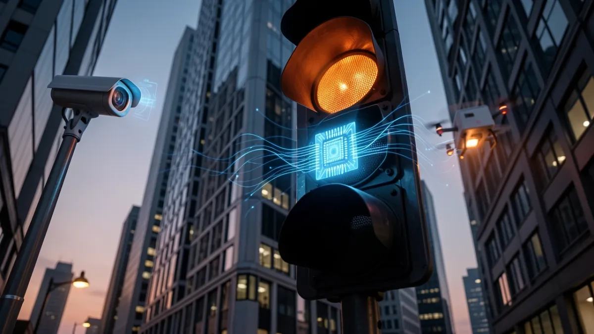 Glowing AI chip embedded in a traffic light on a city street at dusk, with security camera and drone, representing edge AI in daily life