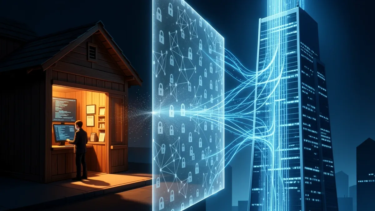 Editorial illustration of small business vs tech giant data access under new privacy policy.