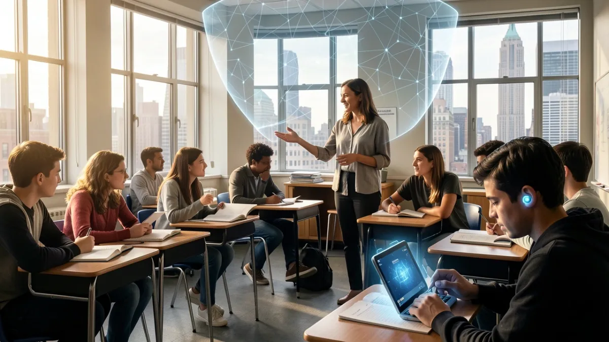 Classroom scene showing a teacher with students, one using assistive AI technology, symbolizing NYC's ban on generative AI with exemptions for disabled students.