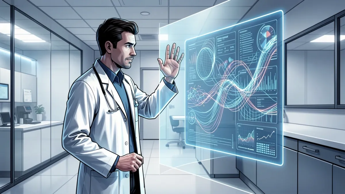 Physician hesitantly blocking a glowing AI diagnostic hologram in a modern clinic