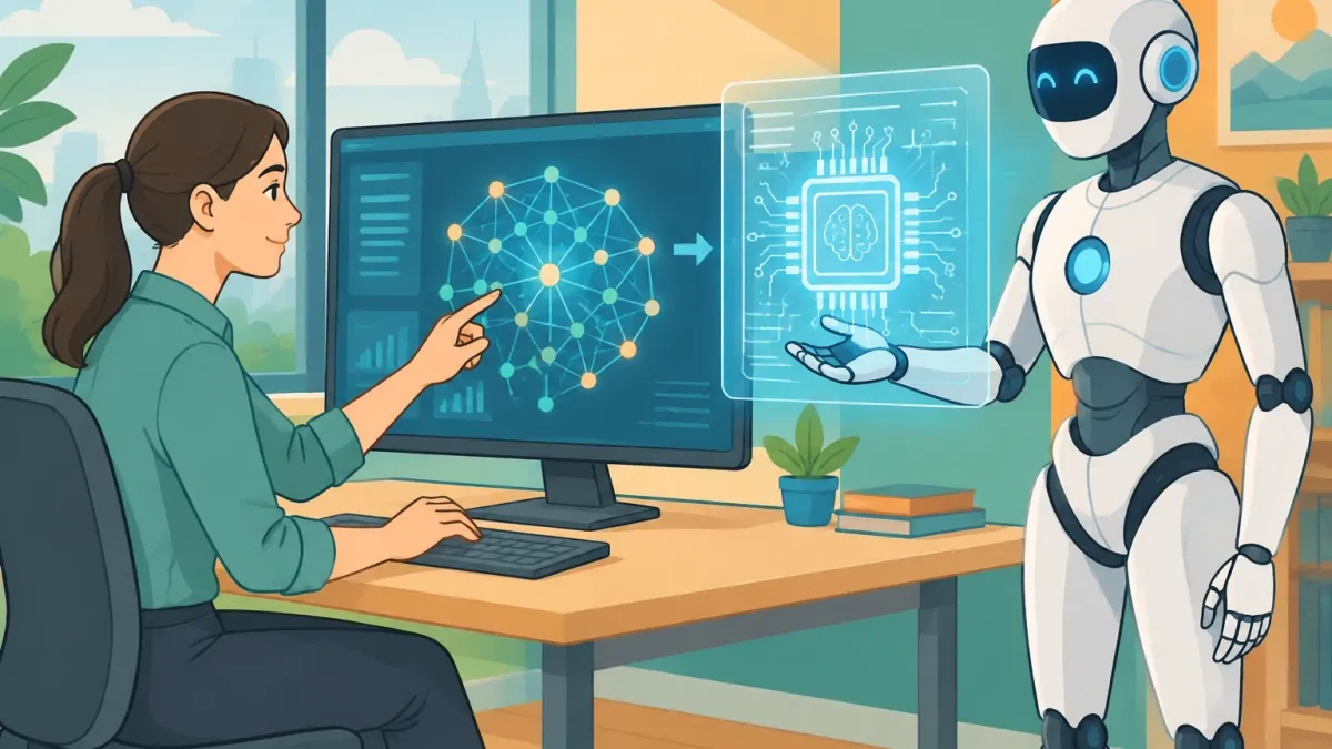 Illustration of a human engineer collaborating with an AI robot to design a new AI chip, representing recursive self-improvement with human oversight.