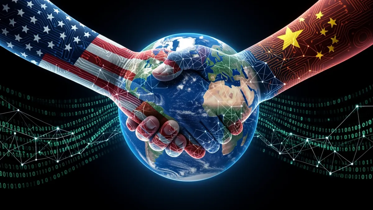 Two semi-digital hands representing US and China shaking hands over a glowing Earth with data streams, symbolizing AI safety cooperation