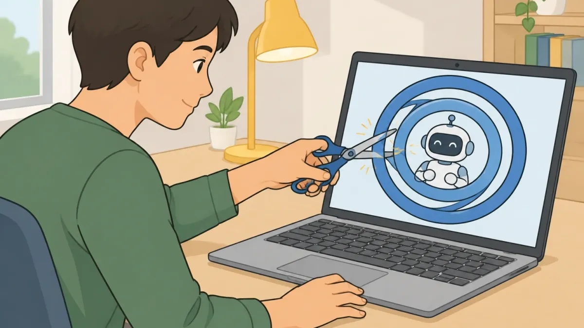 Illustration of a person using scissors to cut a repetitive loop around a chatbot avatar on a laptop screen, symbolizing stopping Character.AI word repetition