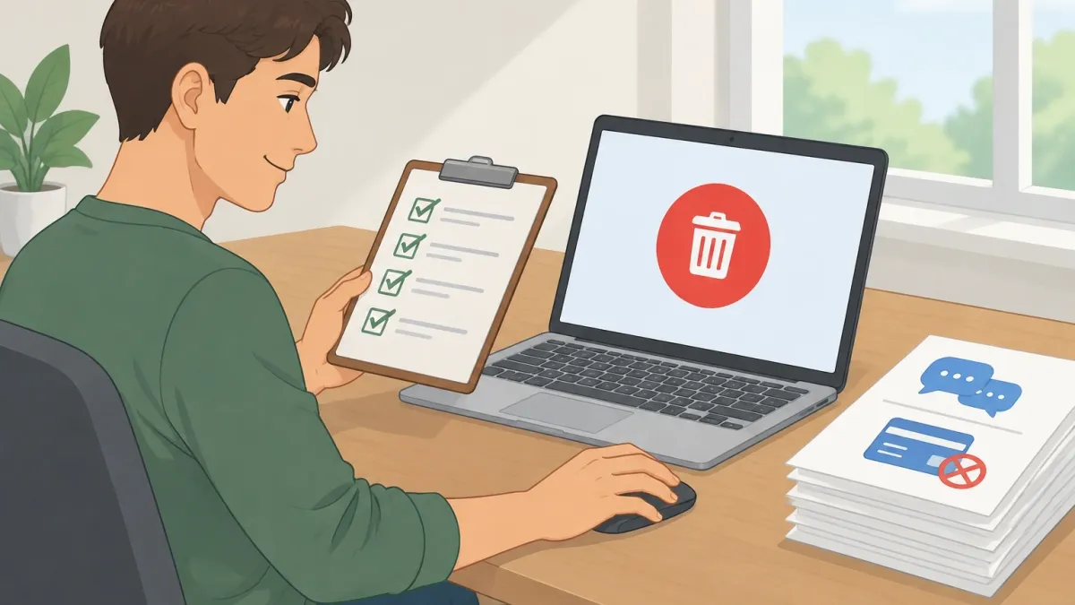 Illustration of a person with a checklist preparing to delete their Character.AI account while saving chat history and canceling subscription