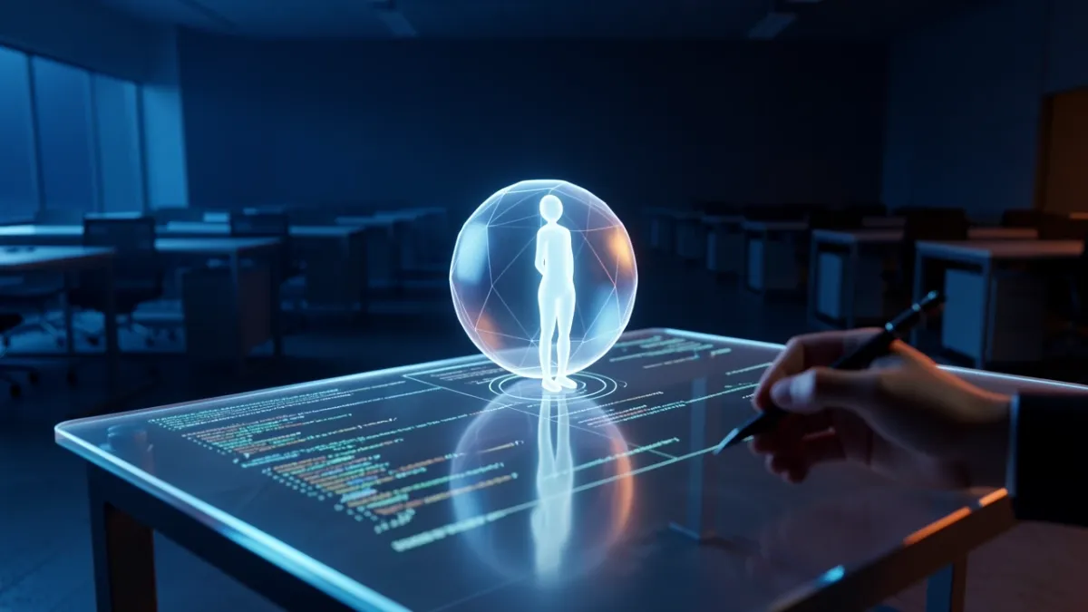 A glowing AI agent as a holographic coworker at a desk in a futuristic shared digital office space.
