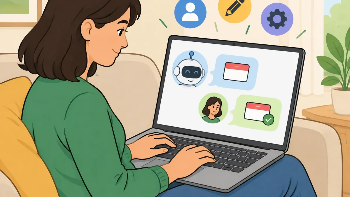 Illustration of a person smiling at a laptop chat interface where a chatbot bubble shows a name tag, symbolizing making Character.AI remember your name through persona settings